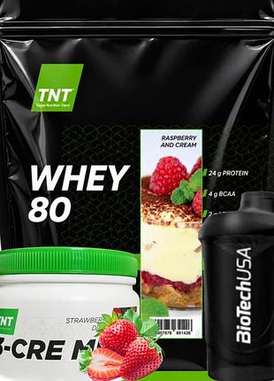 Whey protein tnt 80% сывороточного белка для набора мышечной массы 2 кг + креатин моногидрат для роста мышц 0,3 кг + шейкер
