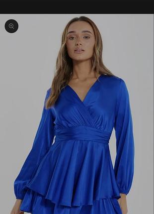 Комбинезон quiz playsuit, атласный, синий, с длинными рукавами, оборками и v-образным вырезом, размер eur 42