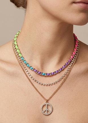 Потрійне намисто river island оригінал золотисте кольє з підвіскою знак миру пацифік багатошаровий ланцюжок стрази неоновий