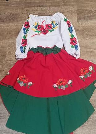 Вишиванка для дівчинки з спідницею, біла, червона, зелена, розмір 152-158