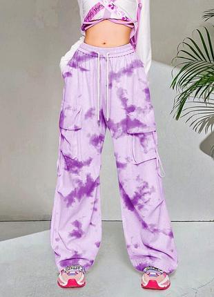 Широкі штани shein unity summer purple tie-dye printed cargo pants (l)