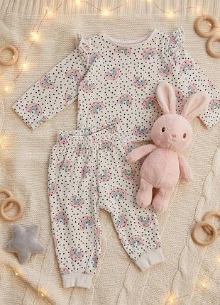 Бавовняна піжама matalan (12-18 міс, 80-86 см) біла в цятку та веселки, пижама з крильцями / рюшами