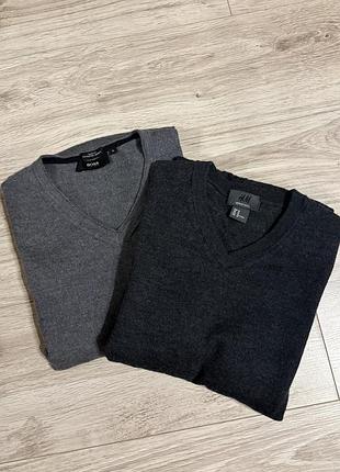 Светри чоловічі hugo boss + h&m, пуловер сірий та графітовий, розмір m, v-виріз, 100% мериносова вовна, комплект