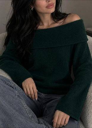 Темно-зеленый вязаный свитер от h&amp;m с открытыми плечами и широким отворотом