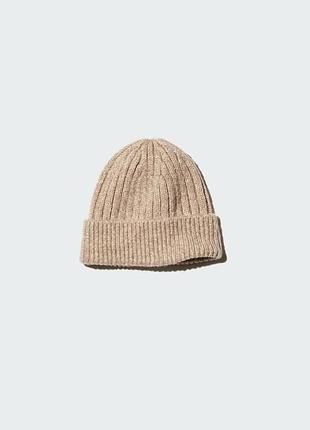 Шапка uniqlo бежева heattech ribbed beanie (marled yarn)