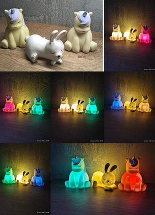 Детские led ночники в виде единорога и лежачего зайчика с разноцветным rgb-подсветкой на батарейках