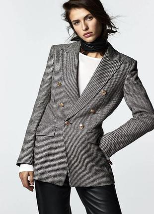 Двобортний піджак блейзер zara в гусячу лапку з золотистими гудзиками
