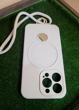 Чехол с magsafe, кольцом-подставкой и шнурком для iphone 13 pro (белый / матовый)