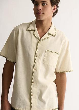 Натуральна лляна бежева сорочка abercrombie & fitch camp collar summer linen-blend shirt