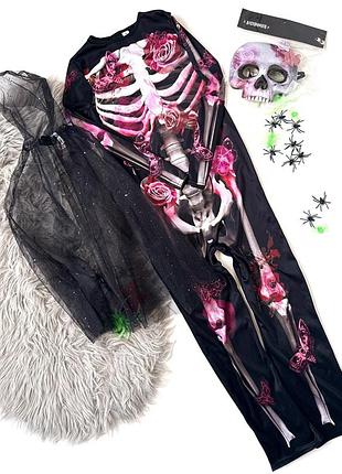 Карнавальный костюм, комбинезон + маска+накидка для девочки скелет на halloween tu 11-12 лет