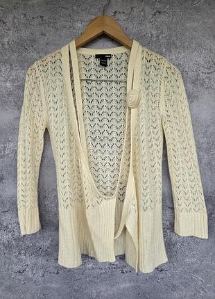 Ажурний молочний кардиган h&m з мохером і вовною (знімна квітка) xs s