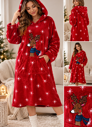 Пушистое красное платье-худи для дома с оленятком 🎄