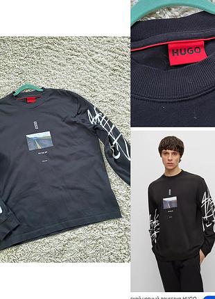 Чорний лонгслив з декором/написом ,hugo boss,p.m-l