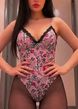 ✨ роскошное женское розовое боди с принтом🌸боди с кружевом размер s/m✨элегантное эластичное бельевое боди с регулируемыми бретелями🌸красивое женское б
