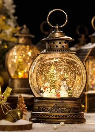 Новорічний нічник вінтажний ліхтар зі сніговиками круглий xmas wdl-2103c коричневий