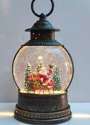 Новорічний нічник вінтажний ліхтар круглий із сантою в санчатах xmas wdl-2103а коричневий