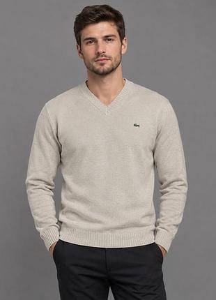 Класичний чоловічий светр lacoste з v-подібним вирізом у світло-бежевому (меланж) або світло-сірому кольорі вінтаж ретро vintage retro 2000x