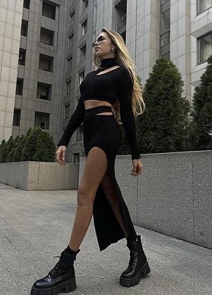 Міді спідниця жіноча malina fashion чорна в рубчик з розрізом