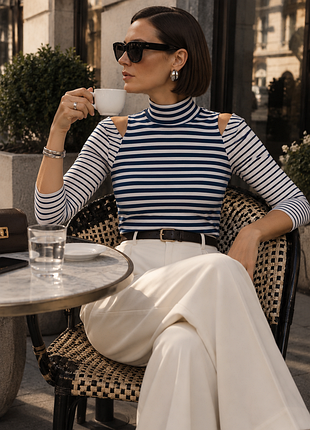 Джемпер с акцентными плечами karen millen в полоску, трикотажный гольф, рукав 3/4