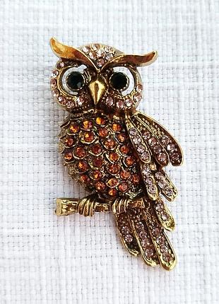 🦉 брошь мудрая сова с золотыми кристаллами, птица на ветке, птичка