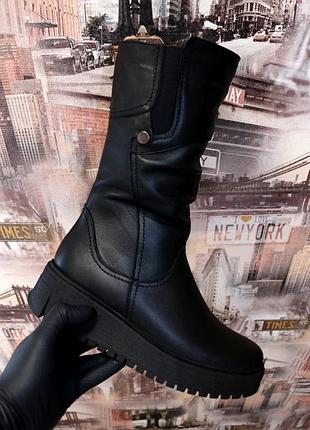 Сапоги женские кожаные чёрные зимние танкетка pandora код-(2448) 42