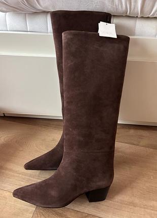 Нові високі замшеві коричневі чоботи зара zara ковбойки шкіра