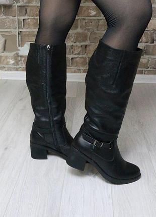 Сапоги женские кожаные чёрные зимние европейка на каблуке размеры 40 footstep код-(475)