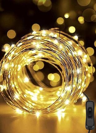 Hoteril - светодиодная гирлянда 12 м на 120 led, от usb, водонепроницаемая ip65 с теплым белым светом для дома и улицы