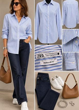 Сорочка zara у біло-блакитну смужку, бавовна, розмір m
