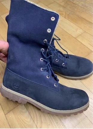 Оригінальні зимові черевики timberland 39 розмір (24 см) темносині шкіряні теплі високі ботильйони замшеві жіночі на хутрі чоботи тімберленди оригінал