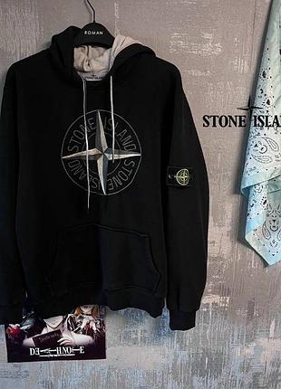 (l-xl) stone island худи черное с круглым крупным принтом-компасом на груди и фирменным патчем на рукаве
