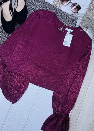 Нова сатинова блуза h&m l бордова блуза прямого крою коротка блуза з об’ємними рукавами