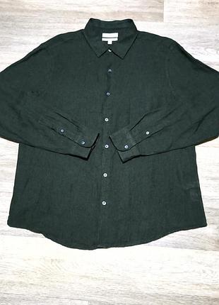 Мужская рубашка m&s , размер xl , dark green хаки , 100% лён ( pure linen ) .