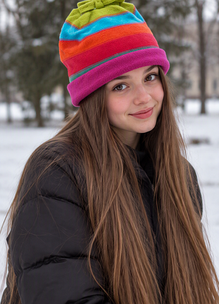Accessorize angels шапка флисовая яркая в полоску полоска фуксия с завязками полосканная шапочка шапка-бини с отворотом