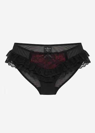 Чарівні чорні трусики-хіпстери ann summers з мереживними рюшами та бордовою вставкою, напівпрозорі труси шортики, розмір m (uk 10)
