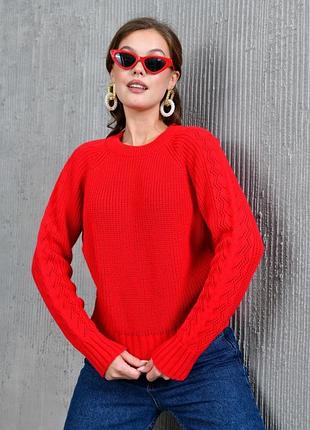 Свитер park karon женский крупной вязки с ажурным рукавом one size, 42-46, красный