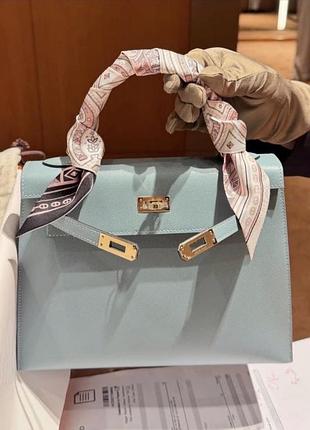 Блакитна бірюзова шкіряна сумка hermes kelli натуральна шкіра єпсон
