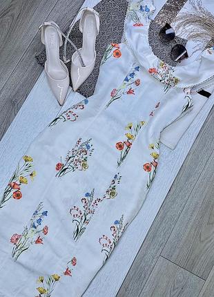 Лляна сукня h&m xs міді плаття з льону романтична сукня футляр в квітковий принт з розрізом на нозі
