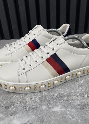 Gucci ace web studded sneakers pearls жіночі кросівки кеди шкіра оригінал 37.5 eur