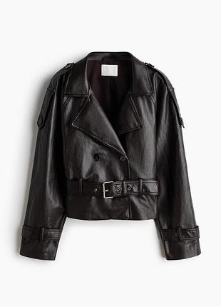 Укорочений двобортний жакет (тренч) h&m з екошкіри, темно-коричневого кольору.