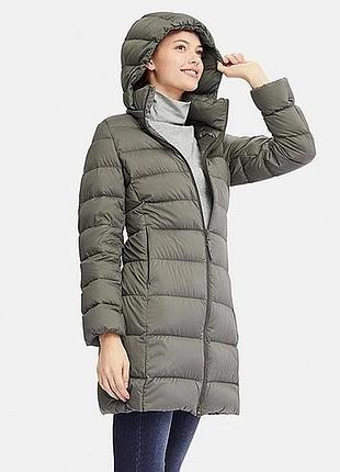 Uniqlo ultra light down теплий легкий подовжений пуховик куртка пальто з капюшоном стібана демісезон базовий повсякденний р. l m