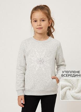 Теплий світшот на хутрі зі сніжинкою (зріст 128 см, 7-8 років) сірий утеплений світшот / кофта для дівчинки