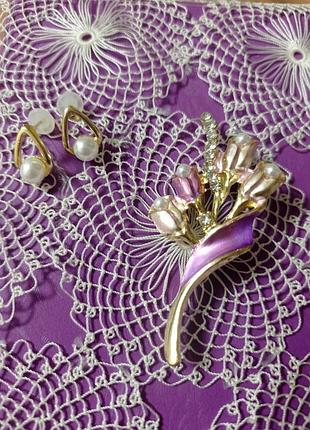Набор брошь букет цветов эмаль и серьги