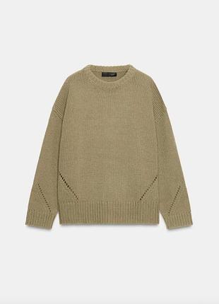 Светр zara жіночий хакі l новий з бірками, вовна 29%, ажурна в’язка, оверсайз
