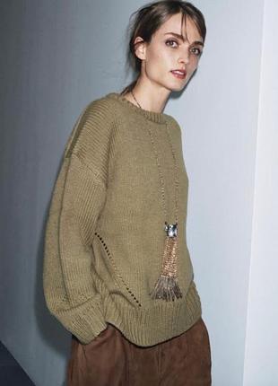 Светр zara жіночий хакі l новий з бірками, вовна 29%, ажурна в’язка, оверсайз
