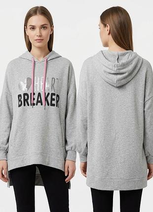Подовжене худі оверсайз з принтом heart breaker (made in italy) сірий худі з капюшоном та рожевими шнурками