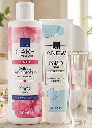 Б'юті-набір avon " осіння ніжність для щоденного догляду та свіжості ( гель для вмивання anew, інтимка, туалетна вода pur blanca)
