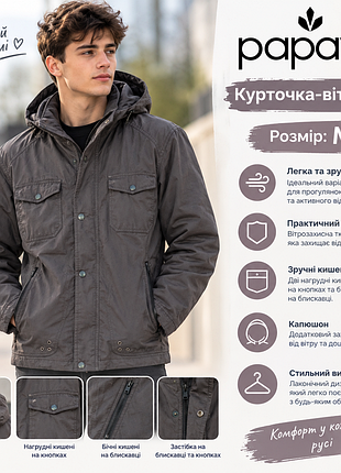 Куртка-вітровка чоловіча papaya демісезонна графітова s-m