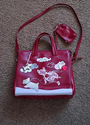 Кожаная сумка radley красная, с кошельком.