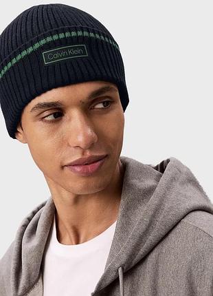 Calvin klein patch rib beanie оригінал нова чоловіча шапка біні тепла зимня зимова на зиму зима з кашеміром бавовняна фірмова брендова келвін кляйн 3